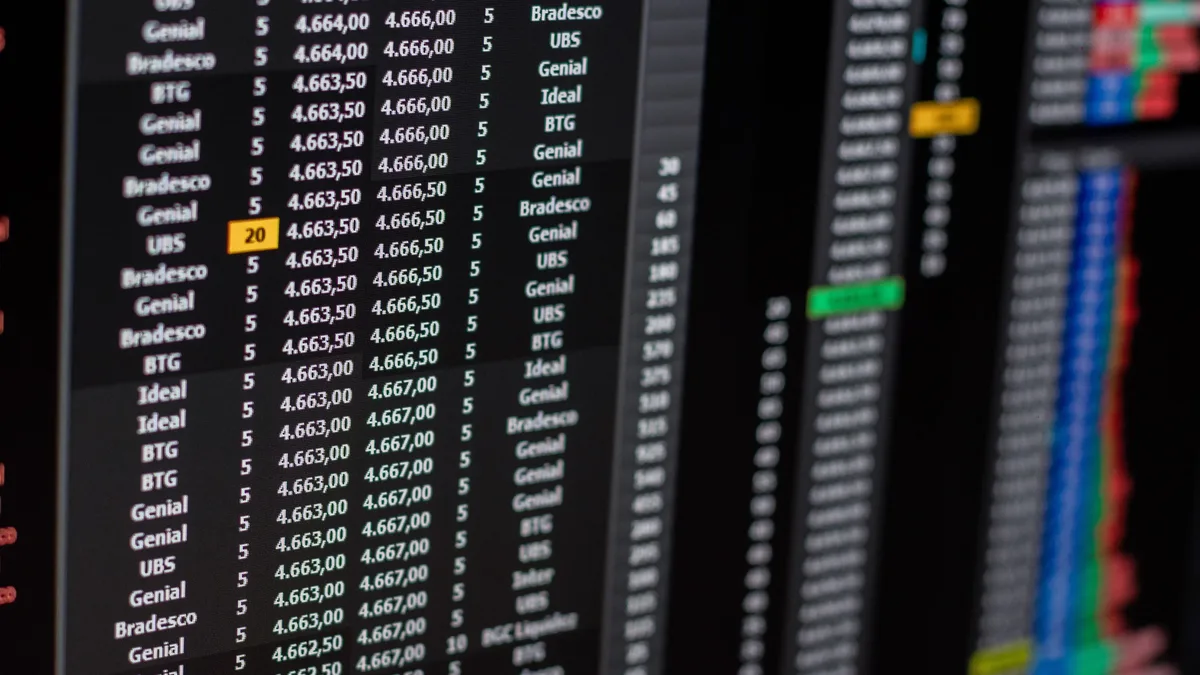 A computer screen displaying a list of stock prices, with the numbers and company names visible.