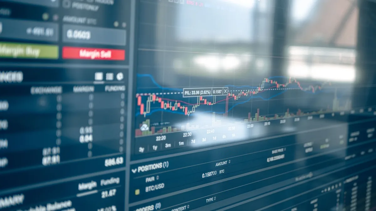 A computer screen displaying a stock market graph with various charts and graphs, including a line graph and a bar chart, as well as a list 